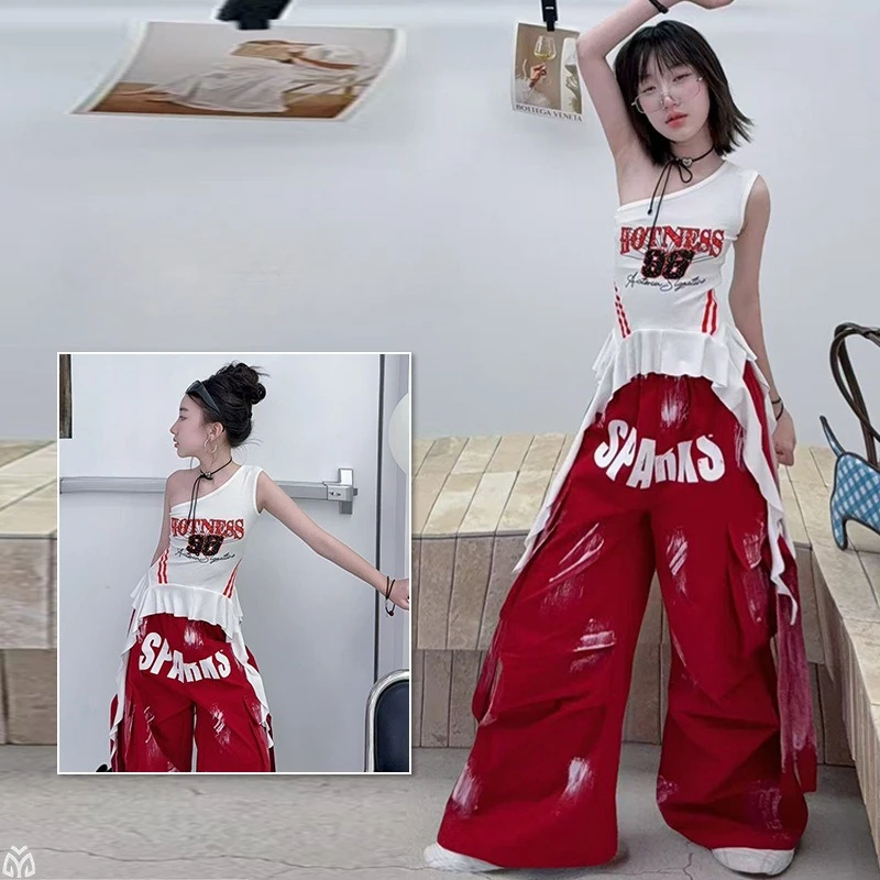 Hip Hop Girls One-shoulder Tank Top Ribbon Street Dance Cargo Pants Kids Streetwear Children Jazz Costume Girl Group Clothes Set