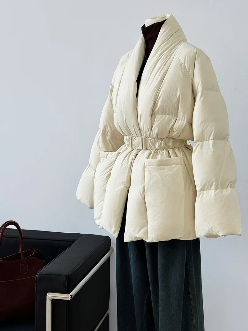 Winter V-neck warm fluffy down coat female bread style down parkas was thin catwalk style down jackets with belt wy1901