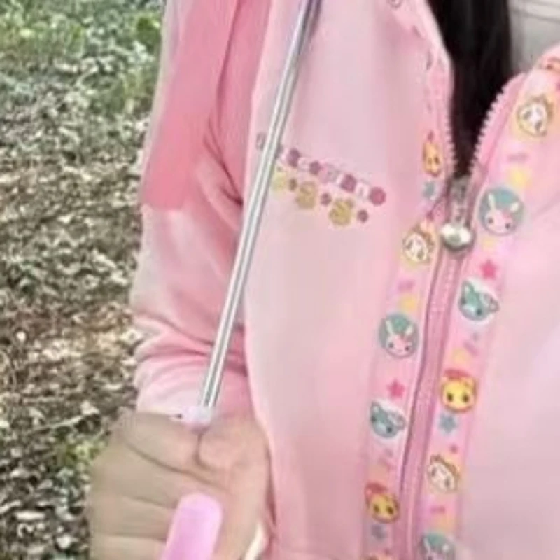 Sudadera con capucha japonesa Kawaii con bordado de dibujos animados Y2k para mujer, sudadera con capucha de retales, color rosa, estética, Grunge, con bolsillo, 2024