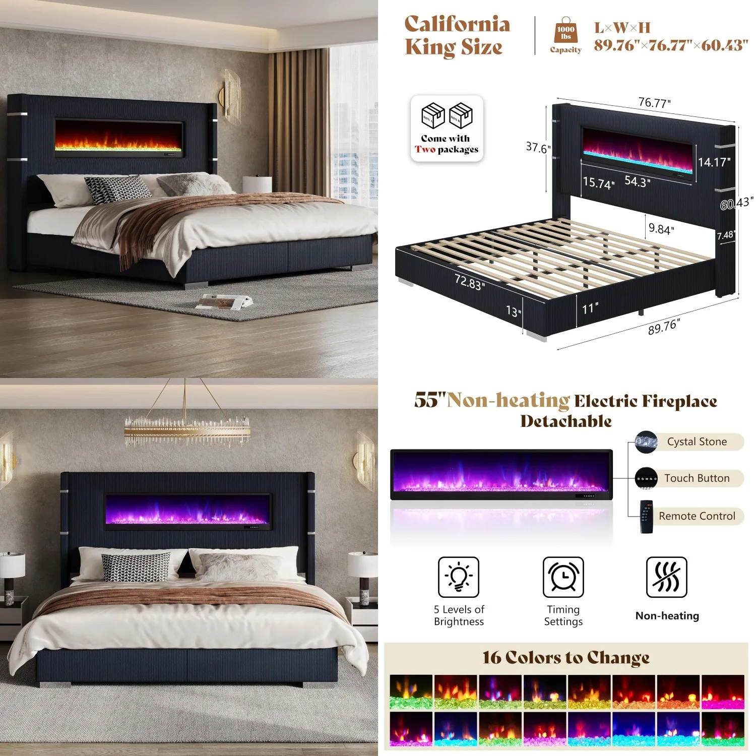 California King Upholstered Platform Bed Frame with Fireplace Wingback 60.4" Tall Headboard Slats No Box Spring, Customized