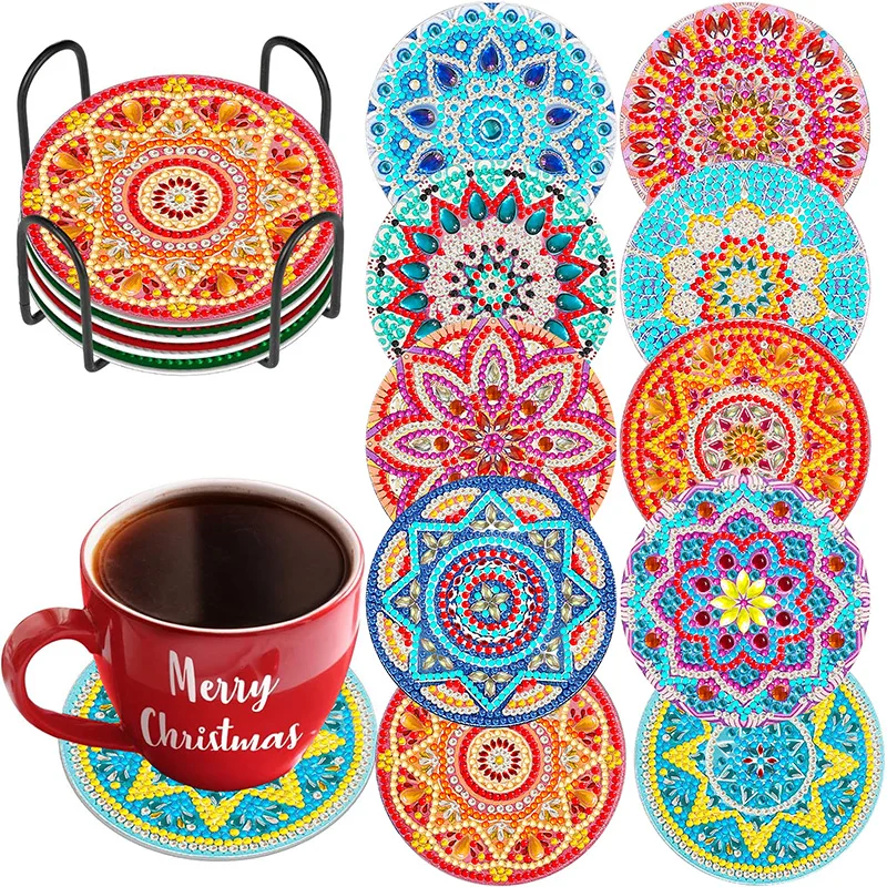 مجموعة مكونة من 10 قطع من الوقايات الخشبية المطلية بالألماس مع دعامات، موضوع ماندالا، هدية فنية يمكنك صنعها بنفسك، مقاومة للحرارة