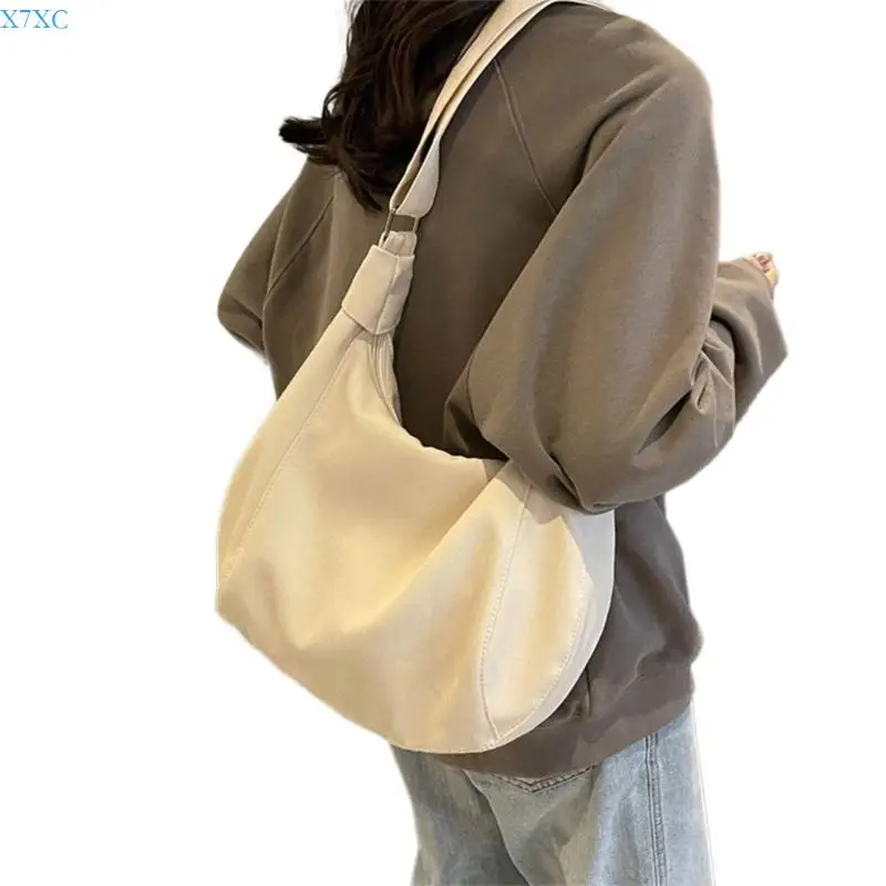 

X7XC Canvas Solid Color Shoulder Bag with Adjustable Strap for Women Men Large Capacity Crossbody Bag Zippered Half Moon Bag