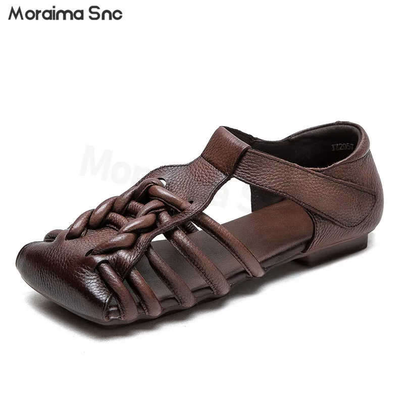 

Braided Square Toe Breathable Sandals Retro Hollow Leather Flat Sandals Comfortable and Light Casual Daily Women's Shoes