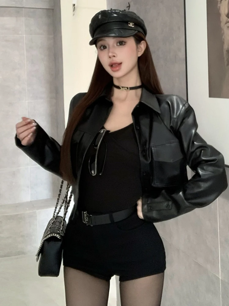 High Waist Short Shorts Set Motorcycle Style Slim Fit Short Leather Jacket And Pants Two Piece Set for Women Fashionable Stre...
