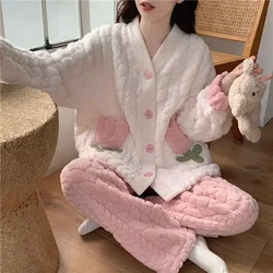 Velvet Fleece Pajamas Set Women Sleepwear Winter Warm Thick Long Sleeve Trouser Homewear Korean Fashion Women's Clothing New