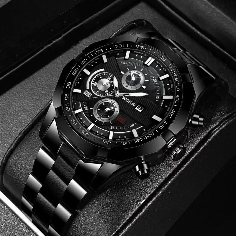 Business Fashion Three-Eye Mixed Scale Dial Quartz Steel Strap Watch