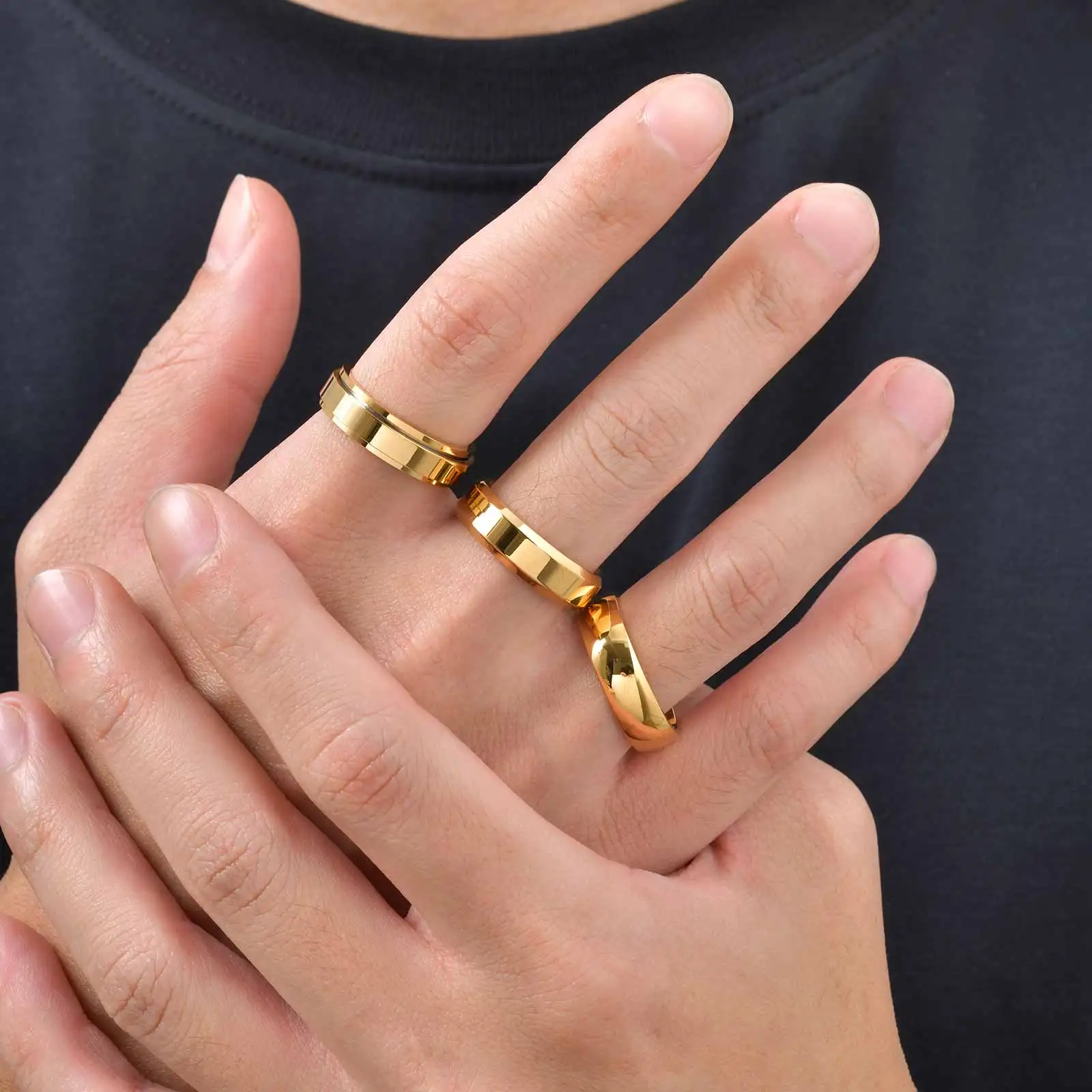 Vnox 3-teiliges Herren-Ringset aus Edelstahl, schwarz, silberfarben, goldfarben, Ehering, Schmuckgeschenk zum Jahrestag, Geburtstag, Party, neu – Detail 10