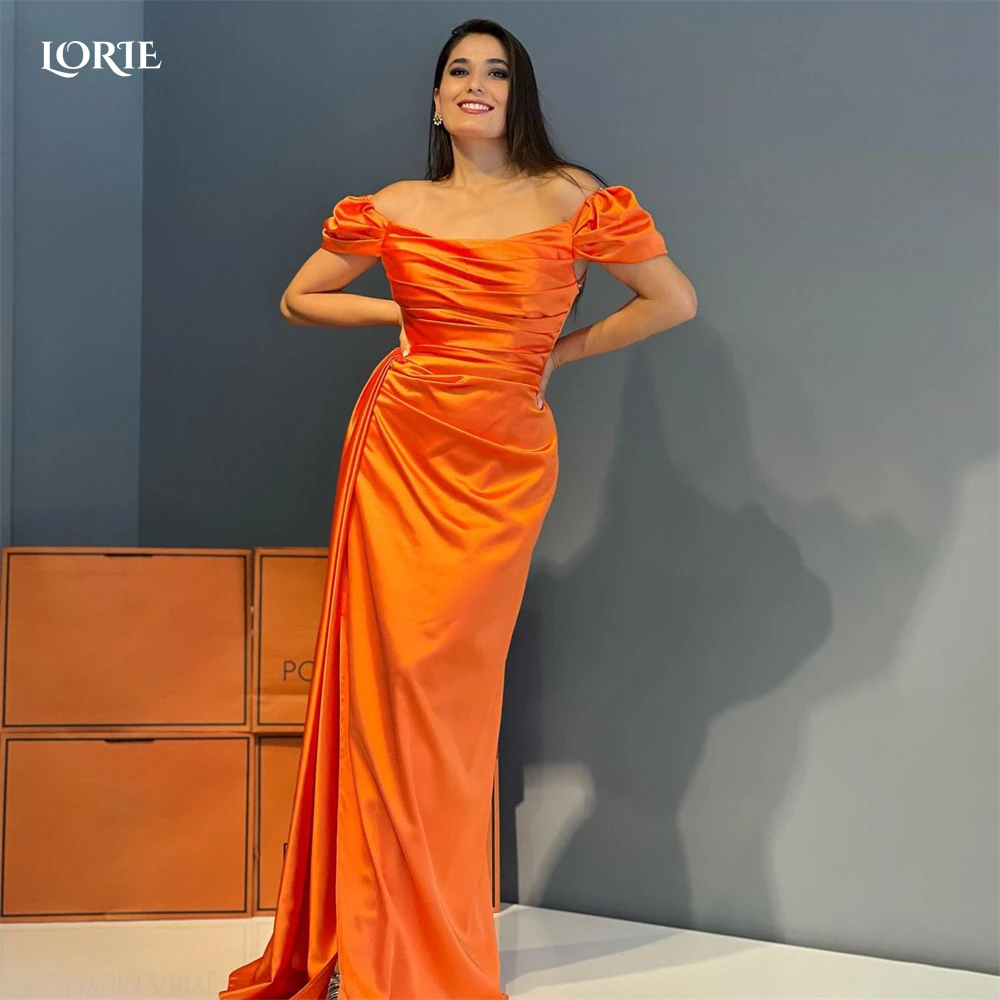 

LORIE Orange Evening Dresses Off Shoulder Pleats Mermaid Backless Shiny Satin Prom Dress Saudi Arabia 2022 Celebrity Party Gowns