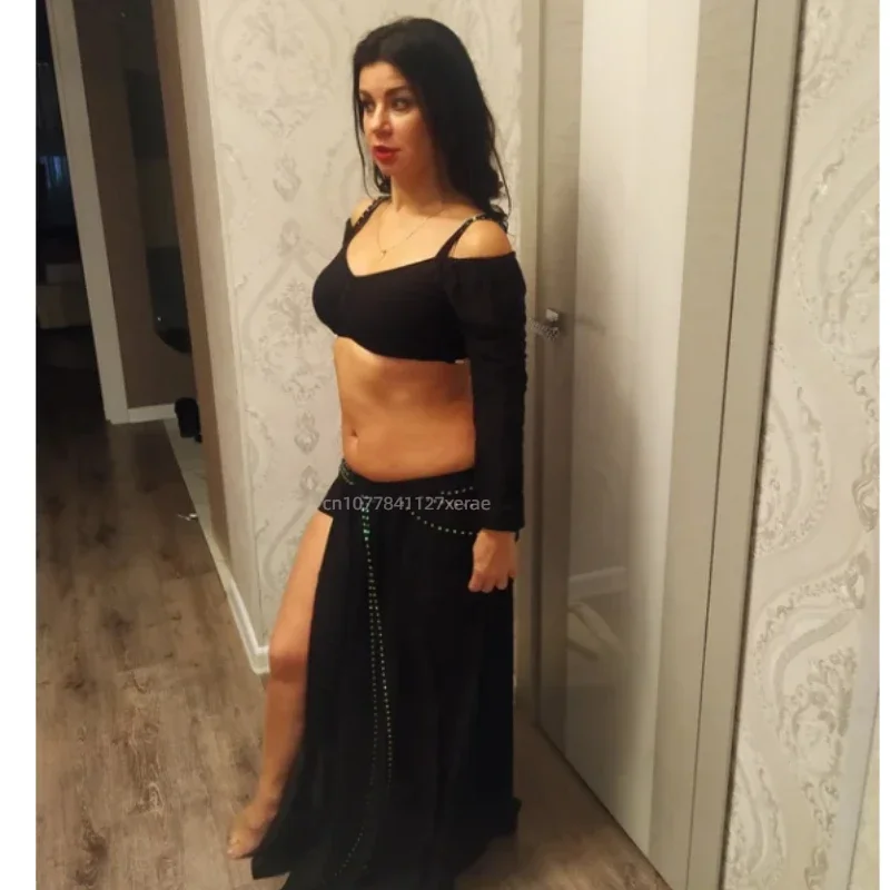 Nouveaux Costumes de danse du ventre, uniformes de classe de danse d'entraînement en maille pailletée, ensembles de danse du ventre haut et jupe, jupes à Double fente
