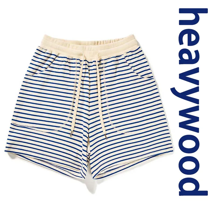 

French Breton Shorts Navy & White Stripe Casual Shorts - Men's Washed 100% Cotton Retro Relaxed Fit Wide-Leg Cropped Pants
