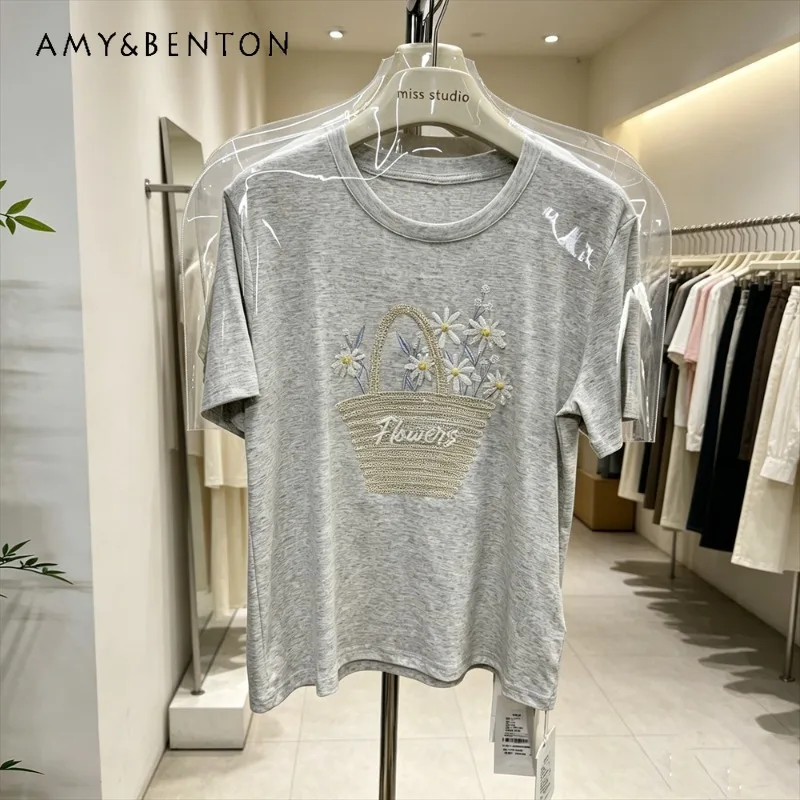 

Sweet And Cute Short-sleeved T-shirt For Women's 2026 Summer New Arrival Sense Of Design Embroider Flower Basket Loose Cool Tees