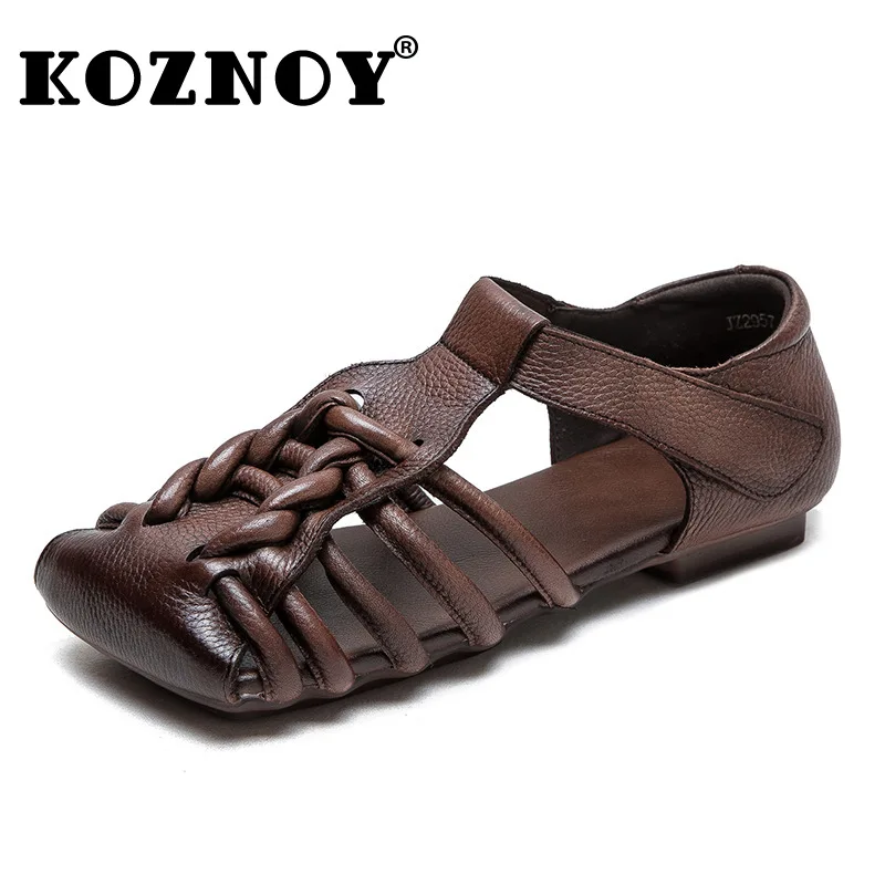 

Koznoy 1.5cm Sandas Weave Genuine Leather Rubber Ankle Hook Flats Breathable Oxfords Women Boots Comfortable Hollow Summer Shoes