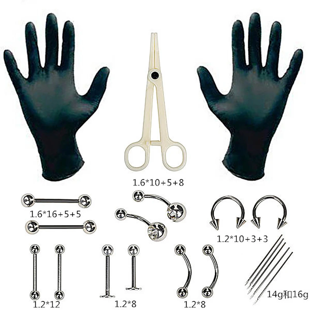 Set da 20 pezzi Set di gioielli per Piercing per il corpo Kit per Piercing naso setto orecchio cartilagine labbro pancia ombelico Tragus sopracciglio strumento per Kit autoperforante