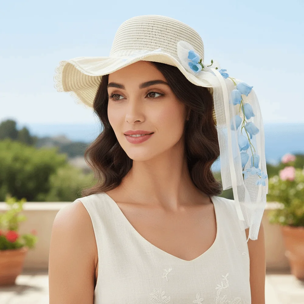 Summer Bonnet Wide Brim Straw Hat Lace Bowknot Breathable Straw Sun Cap UV Protection Floral Tassel Beach Visor Sweet Girls