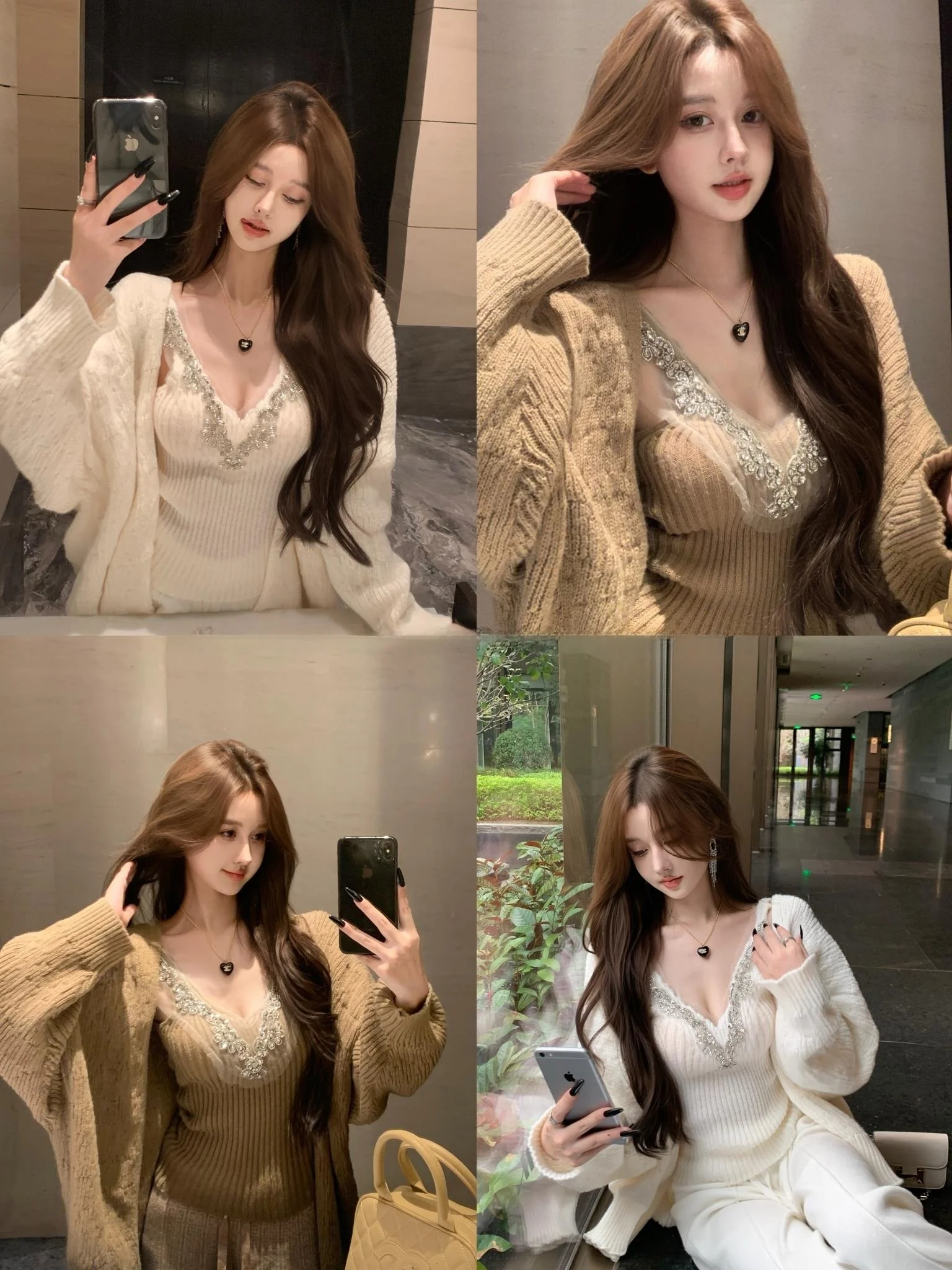 Soft Style Knitted Sweater Set with Diamond Detail Women's Fashion Autumn Winter Two Piece Set Long Sleeve Diamond Embedded Top