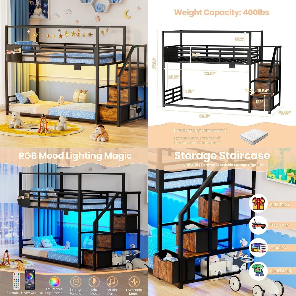 

Bunk Bed Twin Over Twin with Storage Staircase, RGB LED Lights, Drawers amp Shelves, Metal Bunk Beds for Kids with Power Outlet