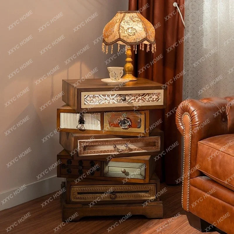 X-S  retro rotating bedside table  small side cabinet solid wood storage cabinet HG
