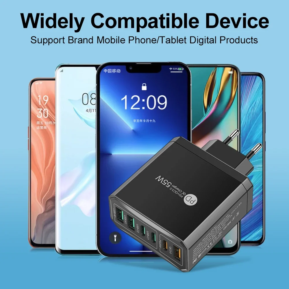 55W Multi-Port USB Type C Charger Fast Charging Type C PD Quick Charge 3.0 Mobile Phone Wall Adapter For iPhone15 Samsung Xiaomi