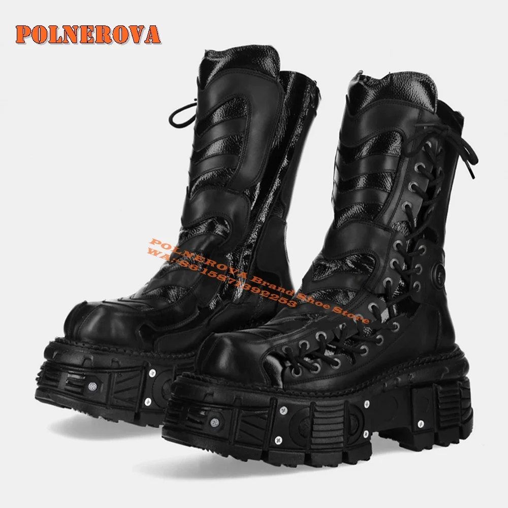 

Cross Tied Y2K Platform Cyberpunk Motorcycle Boots Round Toe Tank Sole Rivet Side Zip Big Size Couple Mid Calf Boots 2025 Newest