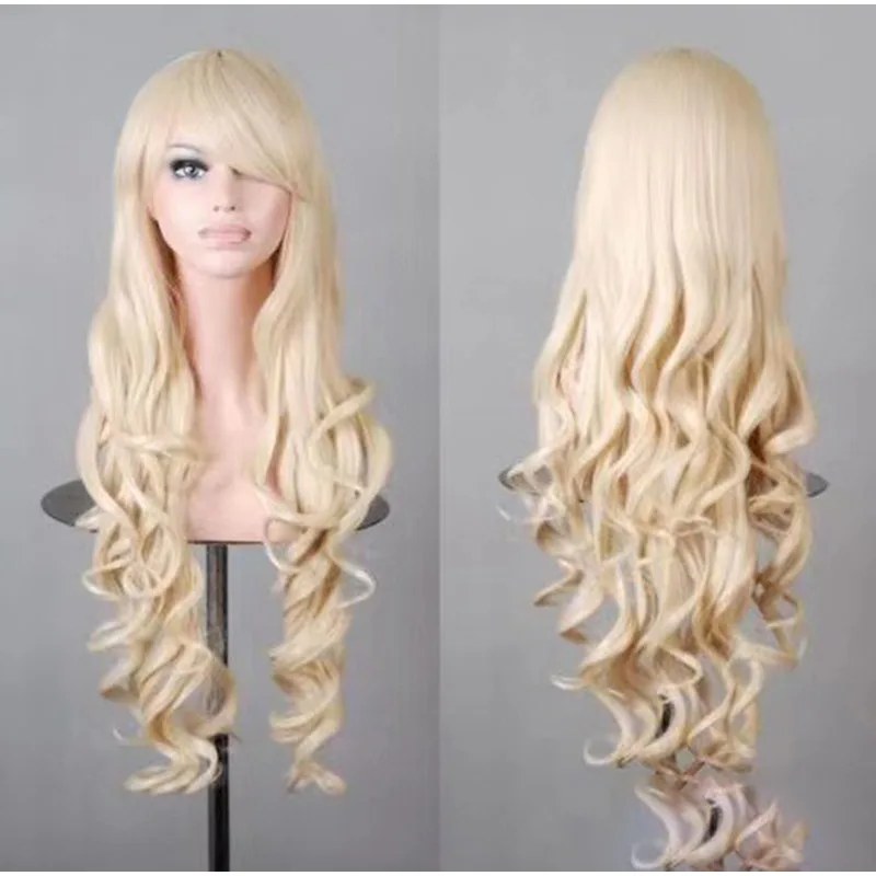 Wig Cosplay Anime Warna-warni Rambut Manusia Panjang Keriting Bergelombang Gaya Euramerika untuk Wanita, Wig Rambut Sutra Tahan Panas untuk Pemakaian Sehari-hari