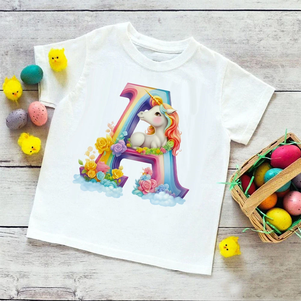 Unicorn Rainbow Initial A-Z Printed Kids Shirt Child Summer T-shirt Boys Girls Short Sleeve Tops Clothes Cute Toddles Outfit Tee