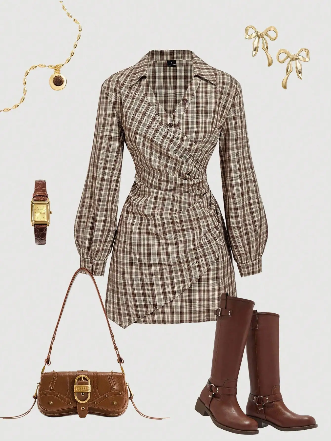 

Женское коричневое клетчатое мини-платье-рубашка с V-образным вырезом, рукавами-фонариками и драпировкой для офиса, повседневной носки и осеннего сезона