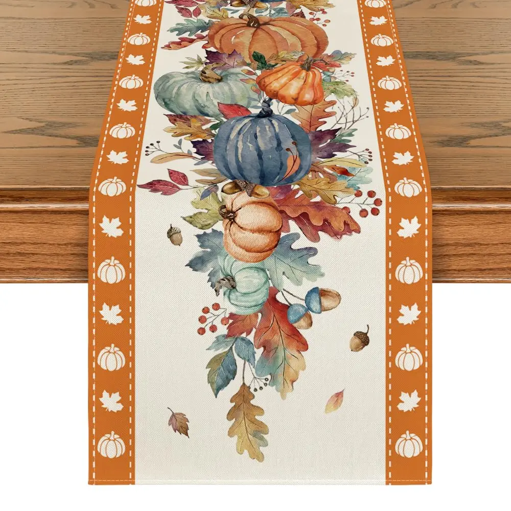 Fall Table Runner Home Party Decor Watercolor Pumpkin Leaves, Seasonal Kitchen Dining Table Decoration