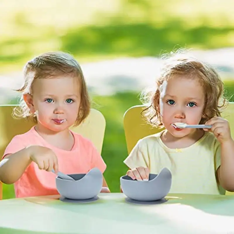 

4 Pcs Baby Silicone Divided Dinner Plate Suction Bowl Spoon Straw Cup Set Dishes L8RB
