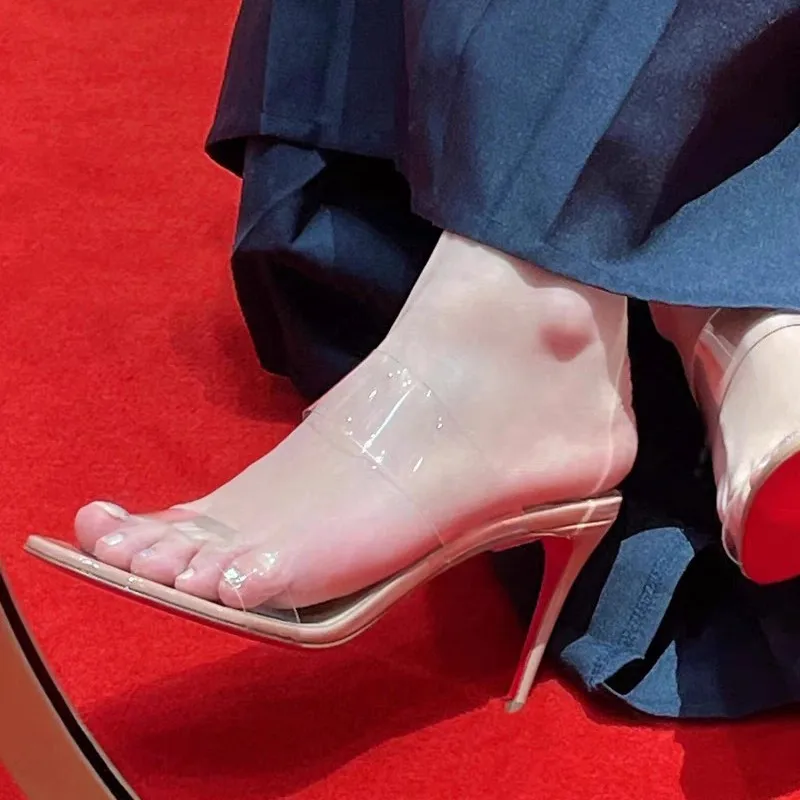 

Абрикосовые прозрачные сандалии с открытым носком и ремешками для женщин, подходящая верхняя одежда, тапочки на шпильке, пикантные туфли на очень высоком каблуке с красной подошвой