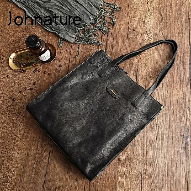 Johnature Casual Tote 2024 New Genuine Leather Women Shopping Bag Outdoor Leisure Solid Color Real Cowhide Shoulder Bags