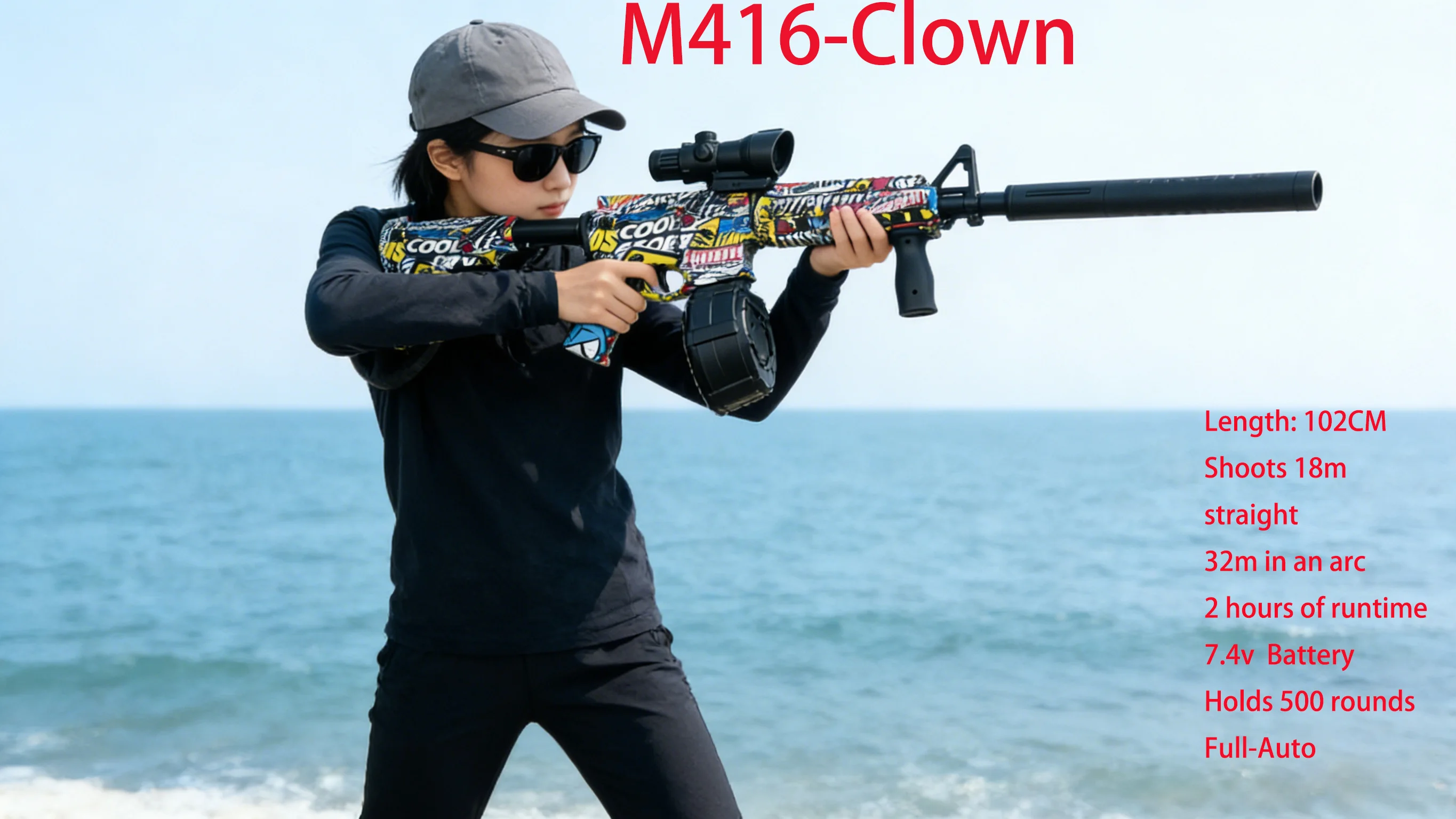 Blaster de bola de gel de payaso M416 para batalla en equipos al aire libre, diseño genial, Blaster de largo alcance con tiro de 16m-30m para amigos, trabajo en equipo