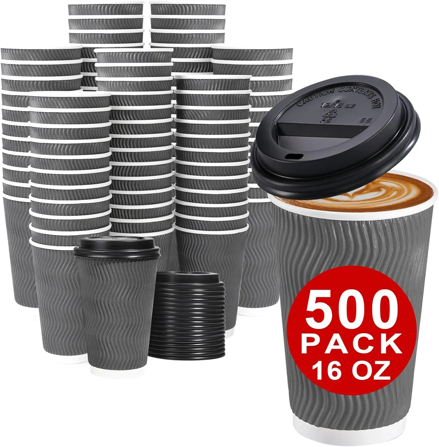 

500 Pack -16 oz Insulated Disposable Coffee Cups with Lids, To Go Paper Coffee Cups with Lids, Corrugated Ripple Wall Cup (Grey)