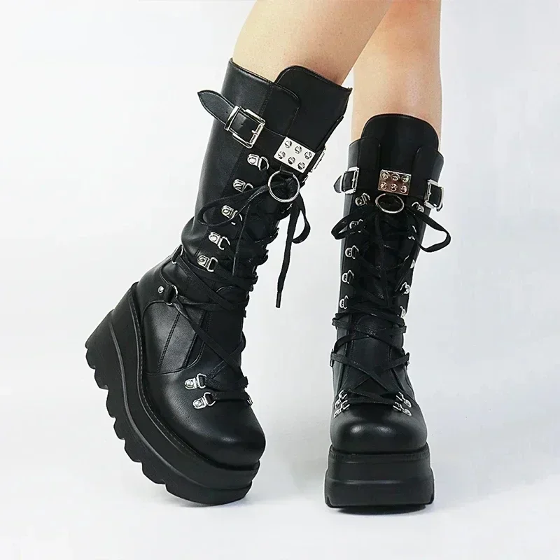 Women High Boots Cosplay Mid-calf Boots High Platform Wedges Boots 2024 Autumn Winter New Designer Gothic Shoes for Women Botas