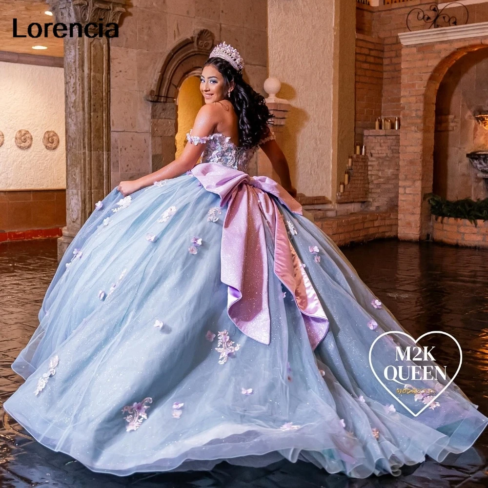 Lorencia Mexican Blue Quinceanera Dress Ball Gown Pink Floral Applique Beads With Bow Corset Sweet 16 Vestidos De 15 Años YQD915