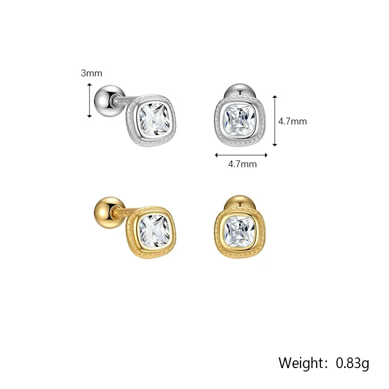 KAMIRA 925 Sterling Silver Square Zircon Cartilage Stud Earrings Women Screw Back Piercing Earring Ear Bone Piercing Jewelry