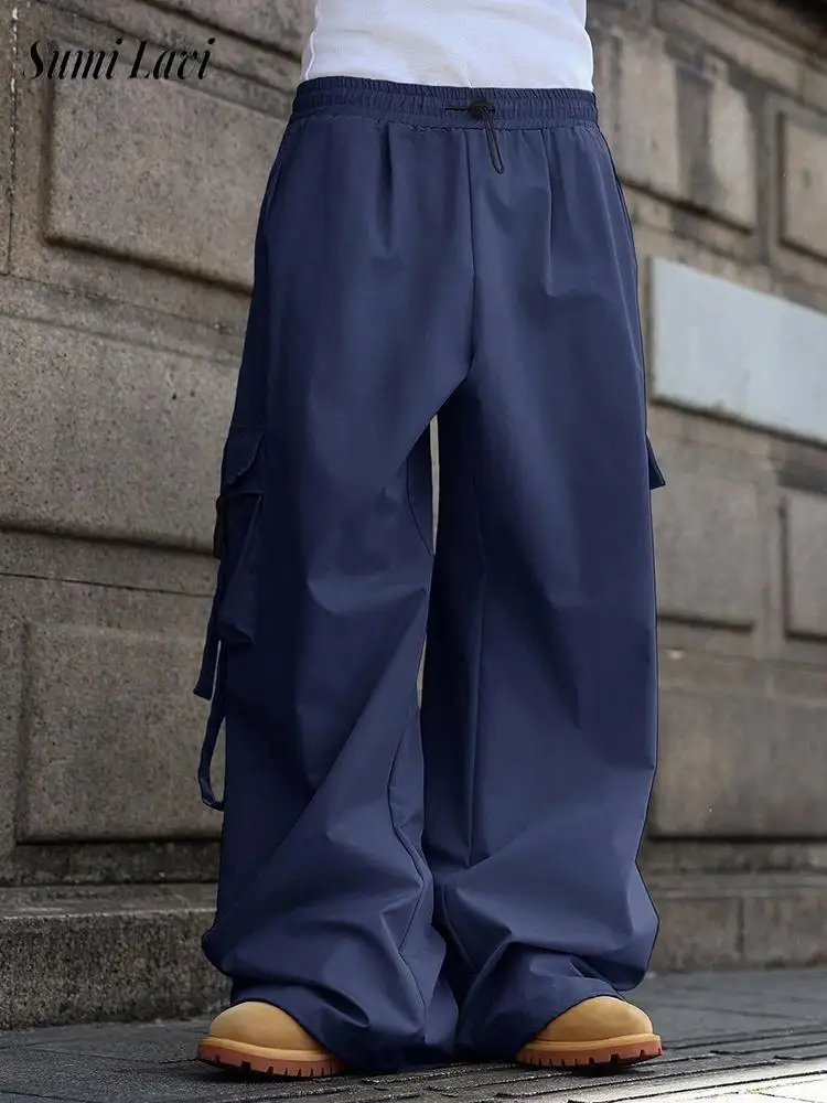 

Casual Mens Solid Color Cargo Pants Vintage Multi Pocket Drawstring Trousers Men Spring Fall Fashionable Loose Straight Pants