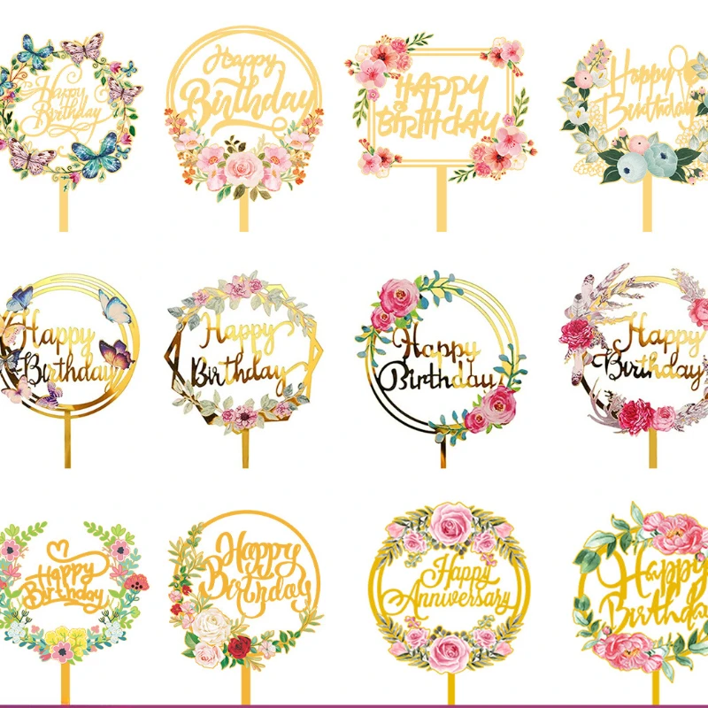 

1PC Flower Plant Happy Birthday Cake Topper Gold 3D Acrylic Kids Party Dessert Cake Topper for Baby Shower Cake Gift Decoration