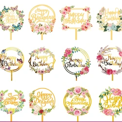 1PC Flower Plant Happy Birthday Cake Topper Gold 3D Acrylic Kids Party Dessert Cake Topper for Baby Shower Cake Gift Decoration