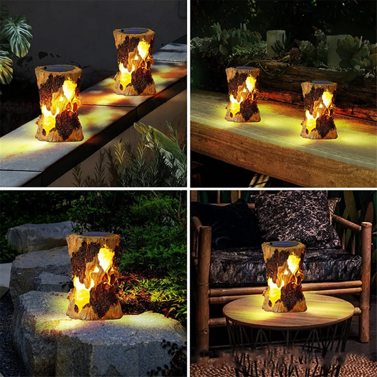 ABXHH ไฟพลังงานแสงอาทิตย์กลางแจ้ง Tree Stump Flame Light ตกแต่งกันน้ําสําหรับสวน ลาน และระเบียง
