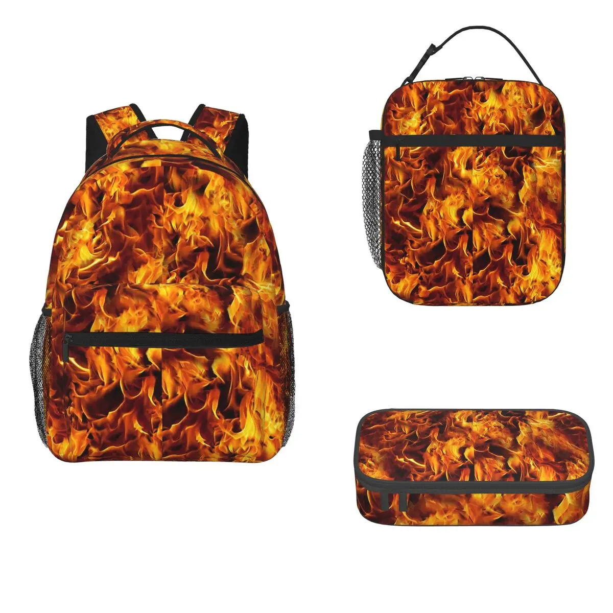 

Fire And Flames Pattern Backpacks Boys Girls Bookbag Students School Bag Cartoon Kids Rucksack Lunch Bag Pen Bag Three-Piece Set