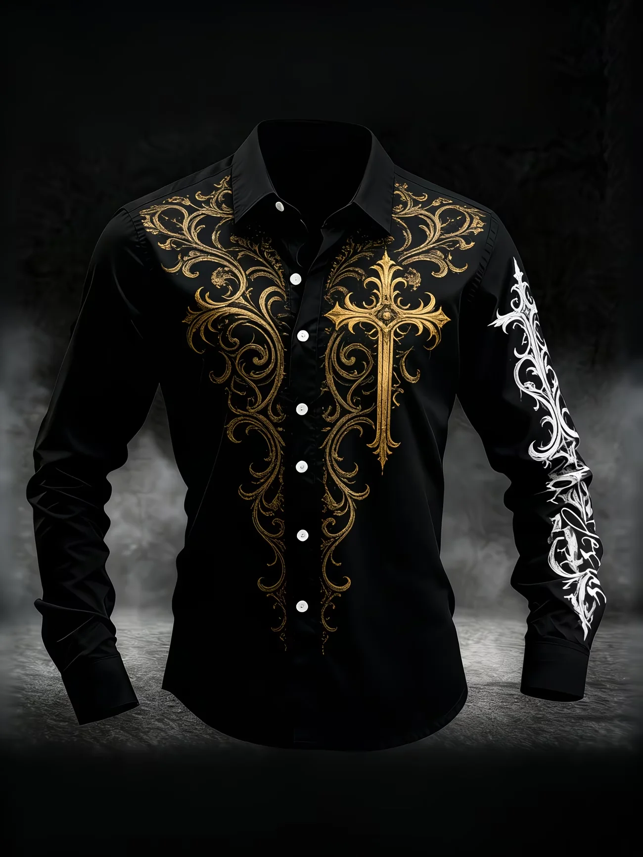 New Dark Green Palace Gold Stamping 3D Printed men's Long Sleeved Shirt With Lapel And Business Shirt