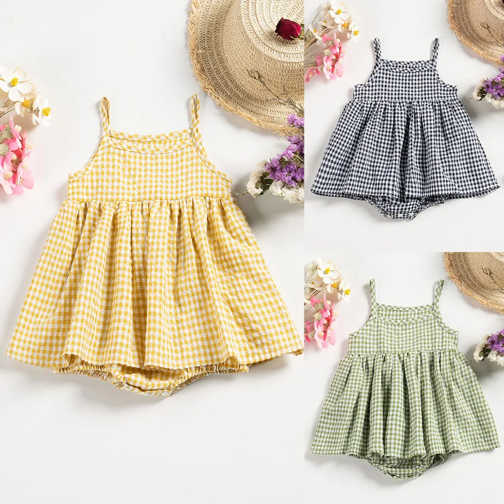 Summer Toddler Girl Sling Bodysuit Baby Girl Plaid Dress Sleeveless Cotton Dress Comfortable Baby Girl Clothing 2024