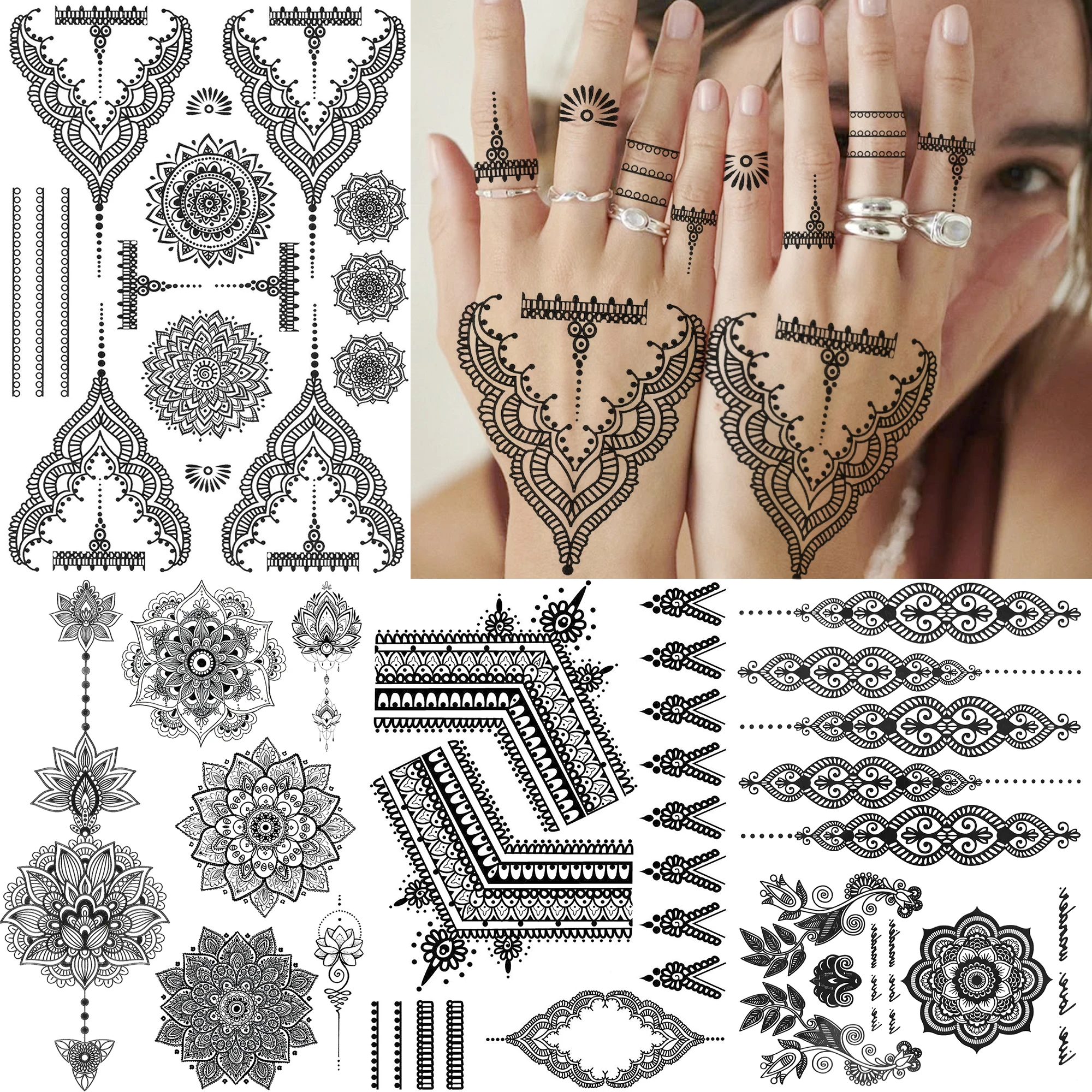 4 枚黒ヘナマンダラフラワーメヘンディ一時的な入れ墨女性大人用フェイク防水ボディアートペインティングタトゥーステッカー