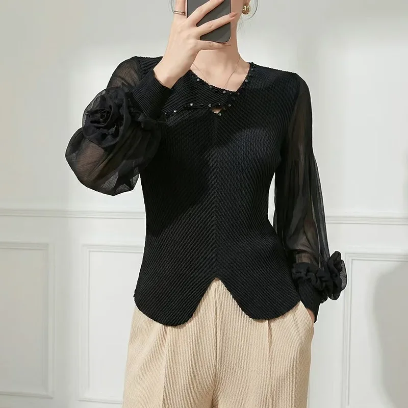 

Женская плиссированная футболка Miyake 2026: Новинка, комфортная повседневная модель с длинным рукавом, элегантная, свободная, эластичная, больших размеров, для города