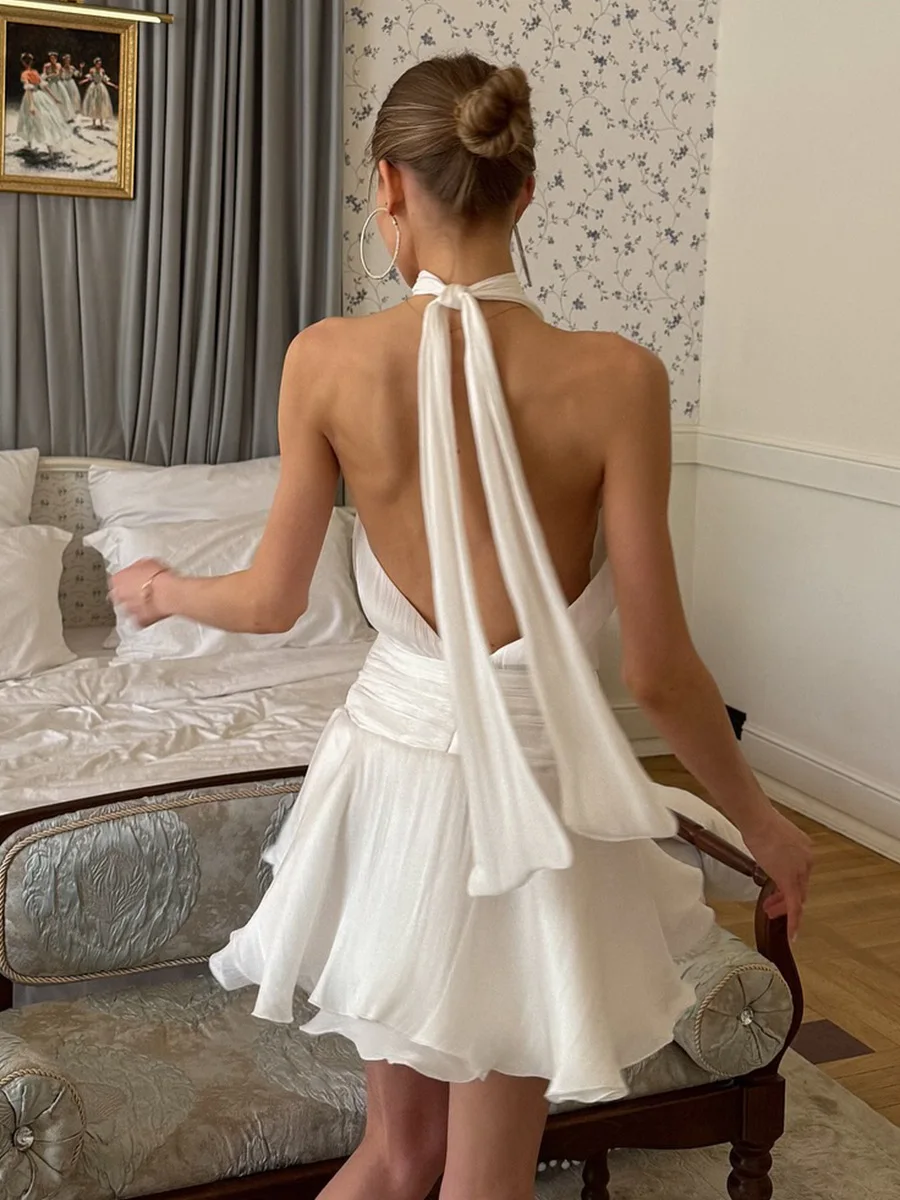 Women's Halter Neck Open Back Tie Waist Slim Fit Dress