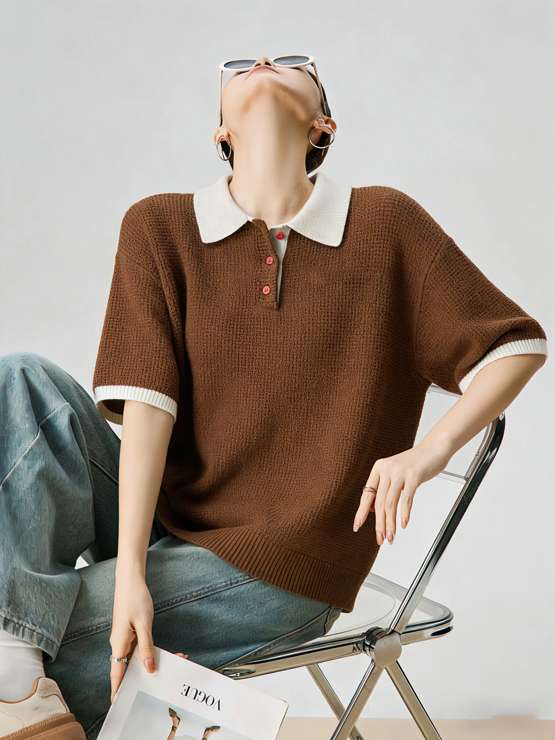 

Browan Knitted Short Sleeve Half Open Collar Texture Women's Top Spring 2026 New Style Korean Atmosphere Casual Fashion