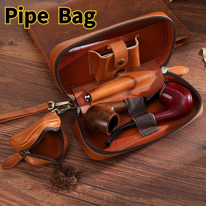 

Retro first layer cowhide with wrist strap, genuine leather, cigar set, cut tobacco storage box, pipe bag.