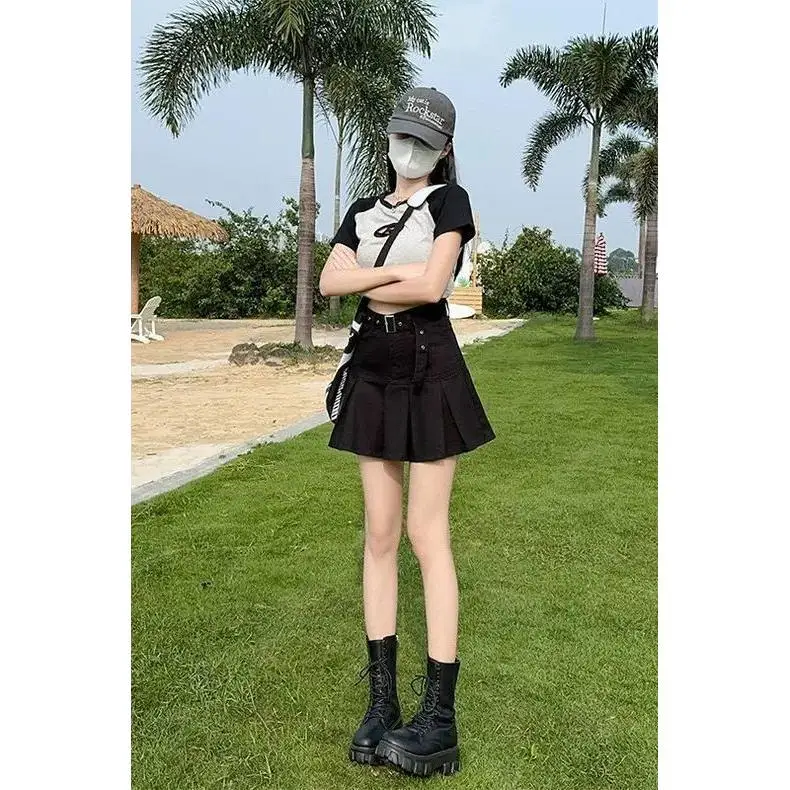 

American Retro ort Denim Skirt Women's A-Line Pleated Skirt Summer New Design Sensual Girl High Waist Wide Leg Pants