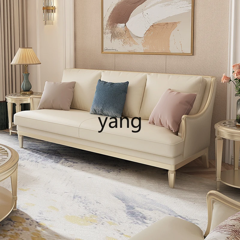 LMM American light luxury leather sofa cream style simple living room three-person straight row sofa combination