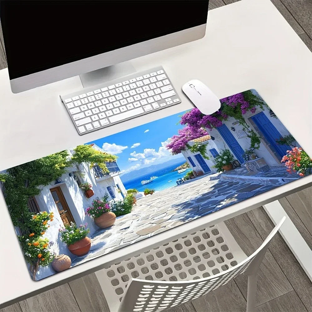 Anti-Slip Mouse Pad Greek Island Garden with Floral Vines Sea Traditional Blue White Houses Playmat Gaming Setup Decoration